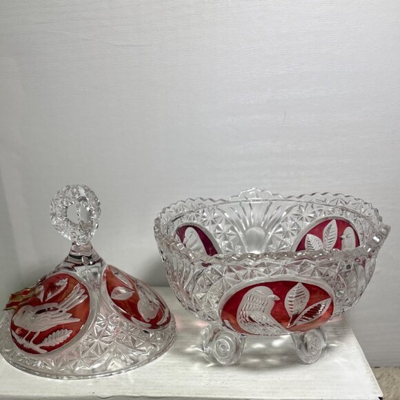 Hofbauer Byrdes Crystal Candy Dish With Lid Red Etched Bird Design 7" Tall - Picture 7 of 13